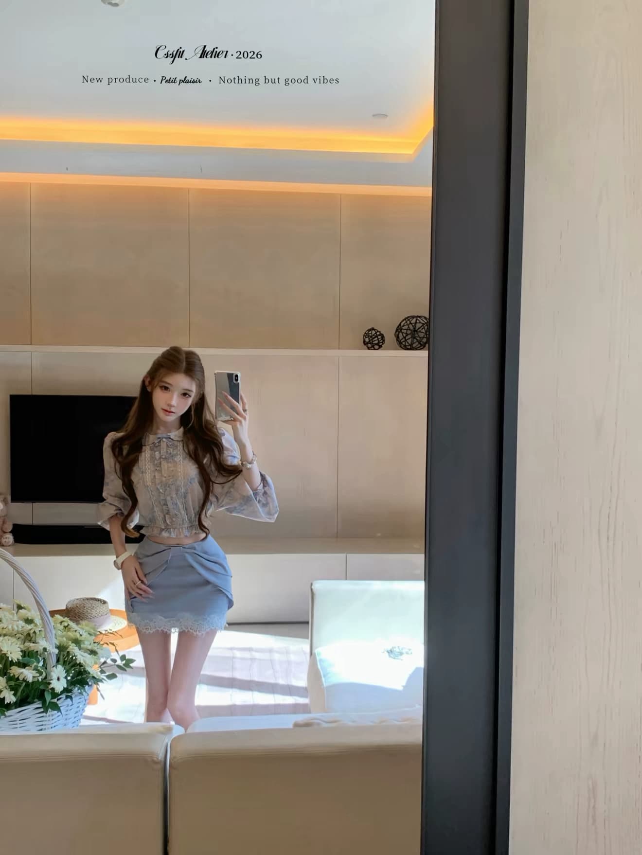늦게 우산 우산 26 ss 부드러운 안개 꽃 상황 vtg 생성 색상 파란색 프린트 셔츠 나비 매듭 레이스 반 스커트 상세 이미지 8