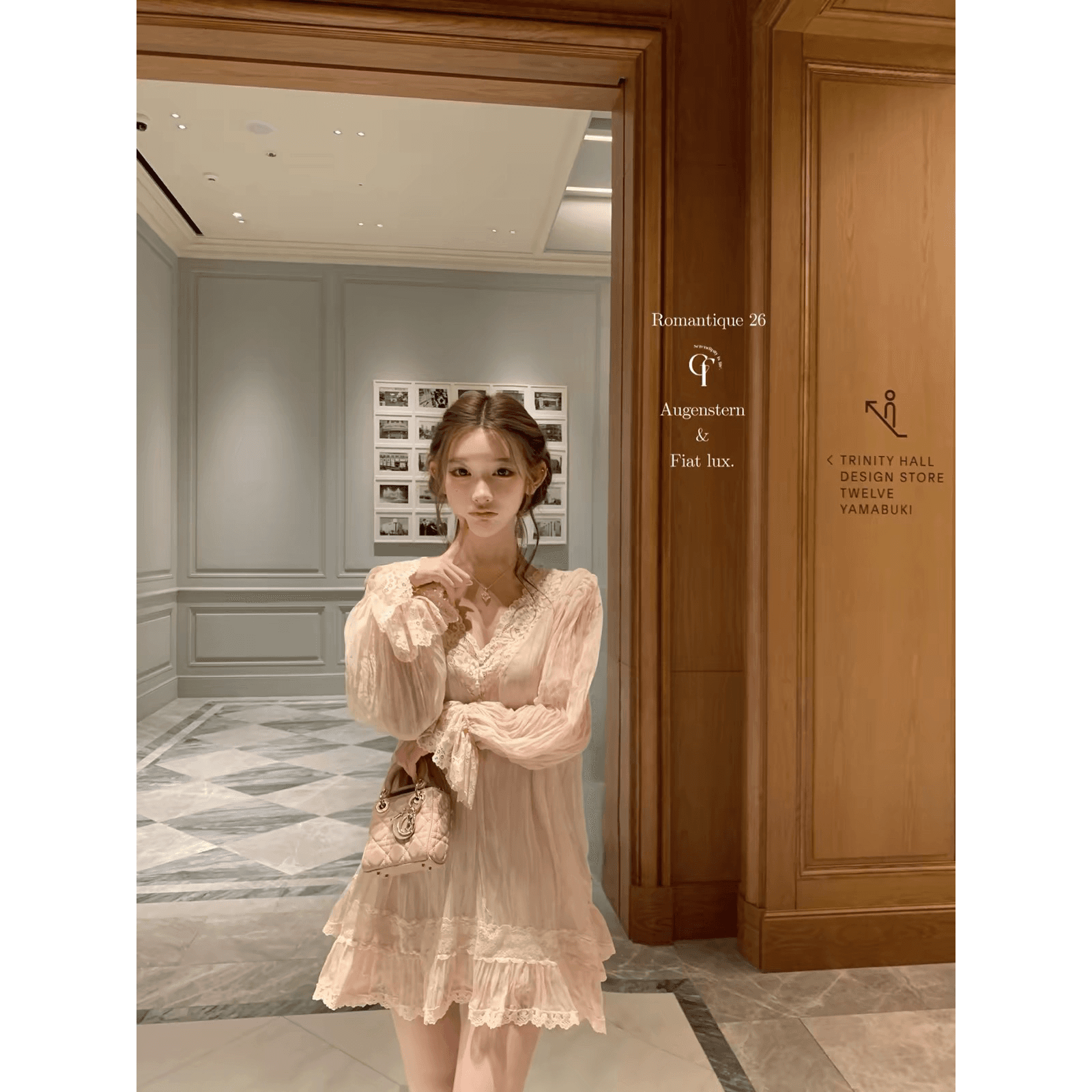 늦게 우산 우산 26 fw 바로크 꽃 창 무거운 작업 레이스 벨트 나비 매듭 나팔 소매 V넥 드레스 미니 스커트 이미지 5