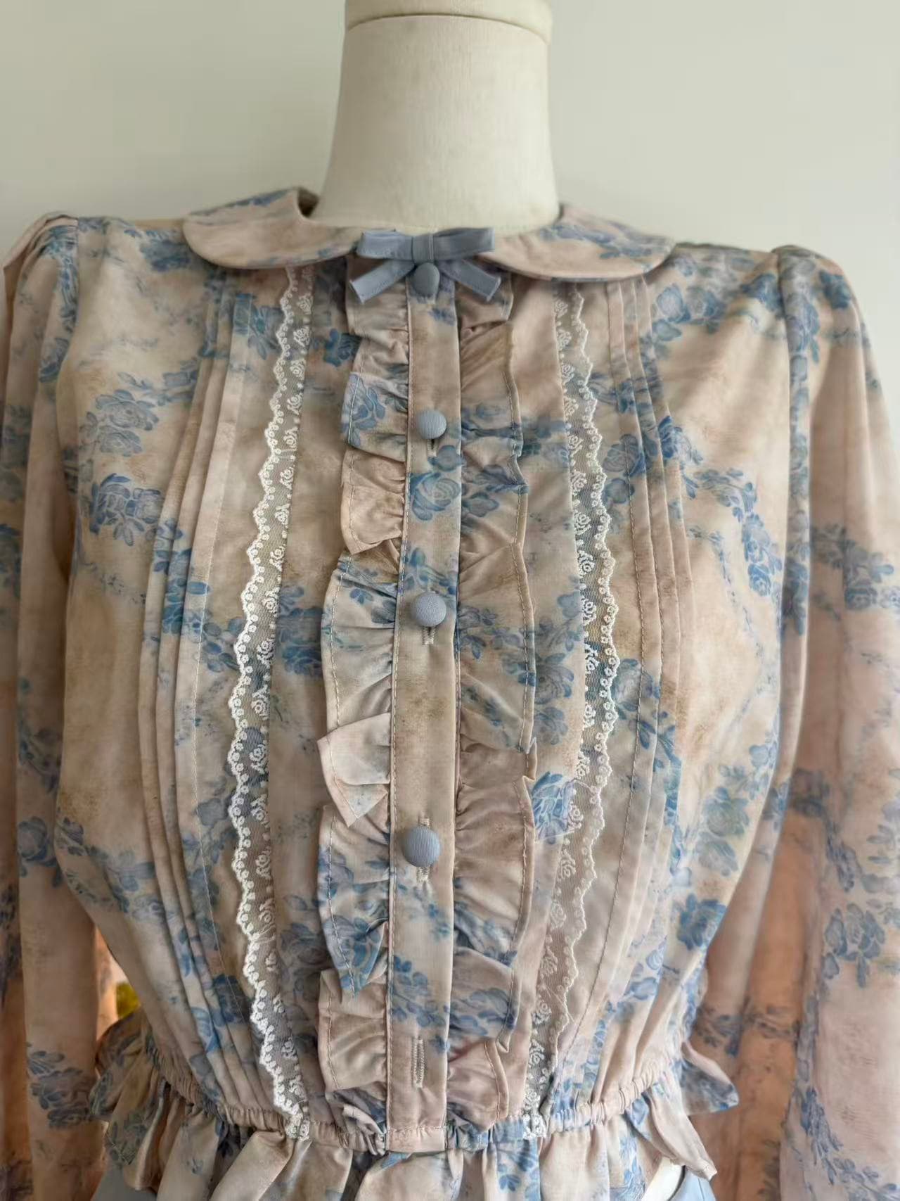 늦게 우산 우산 26 ss 부드러운 안개 꽃 상황 vtg 생성 색상 파란색 프린트 셔츠 나비 매듭 레이스 반 스커트 상세 이미지 3