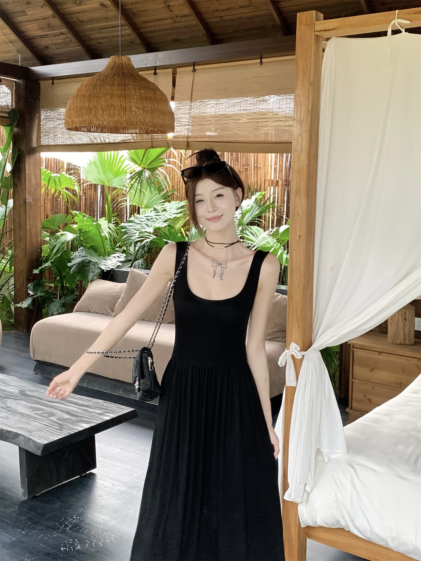 실사 프랑스식 대 u 칼라 슬립 롱 스커트 슬림해 보이는 디스플레이 높음 품격 섹시함 관대 한 드레스 상세 이미지 2