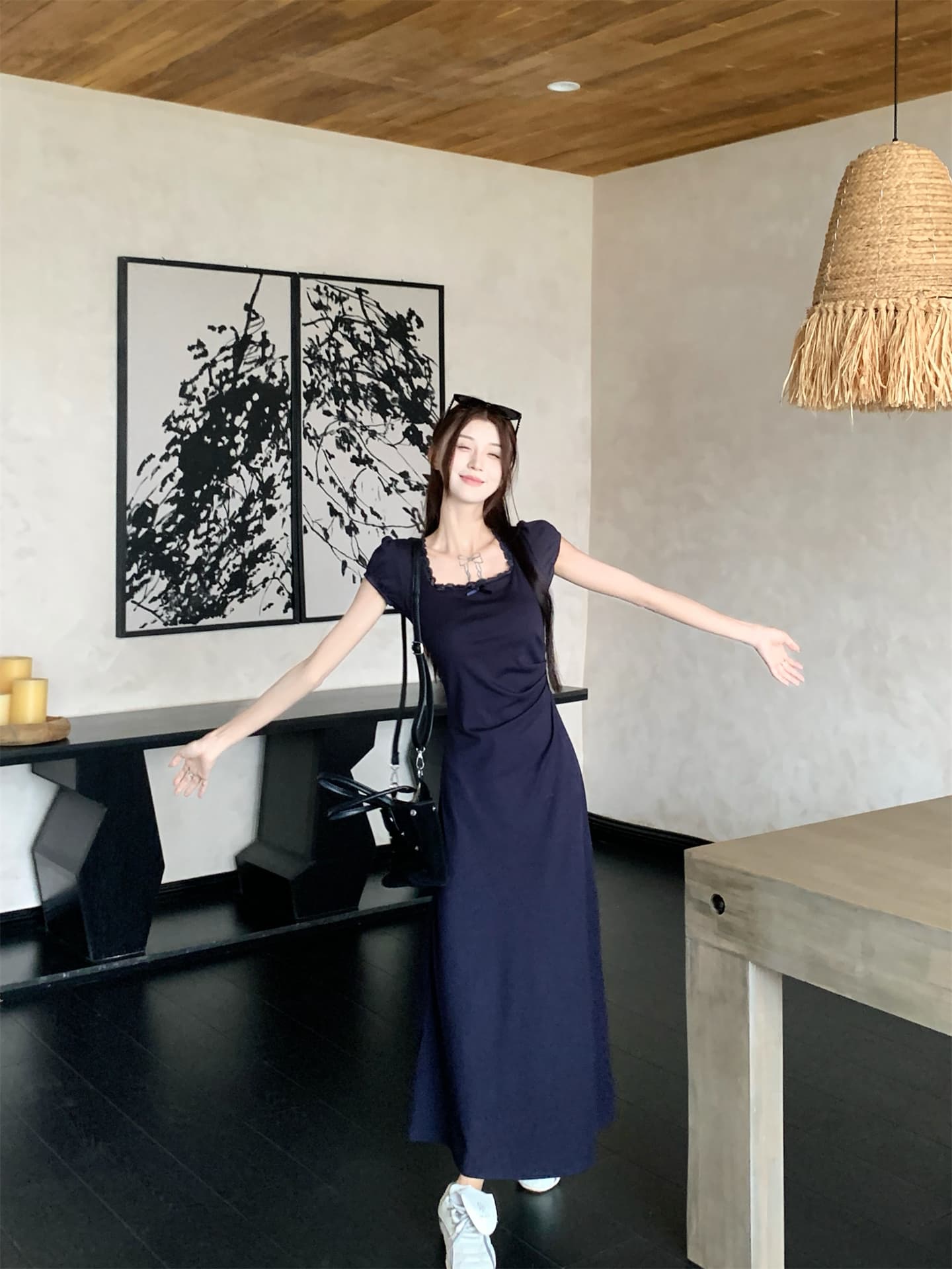 실사 프랑스식 광장 칼라 레이스 조각 반팔 몸매 가꾸기 슬림해 보이는 품격 롱 코트 드레스 상세 이미지 10
