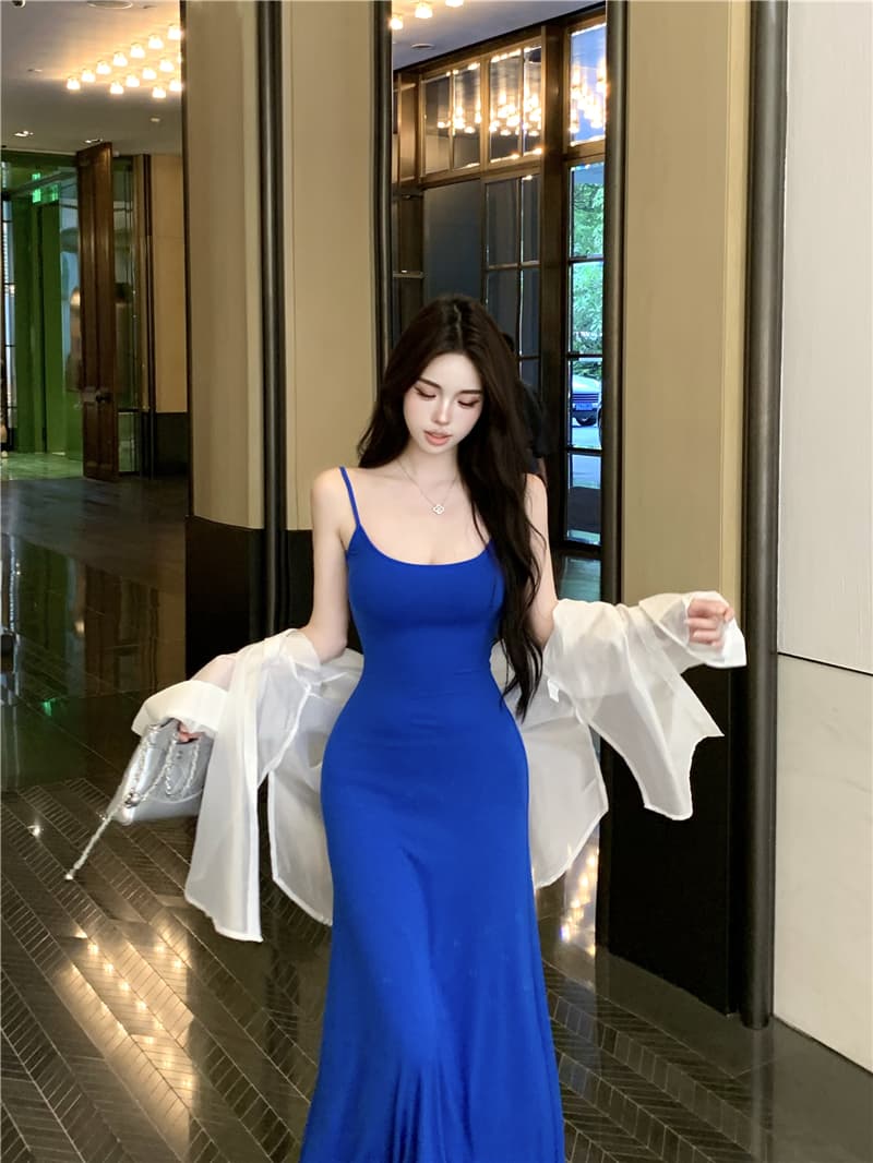 실사 핫걸 바람 bella 카드 자매 타이트 스커트 허리 수축 몸매 가꾸기 파란색 슬립 드레스 주간 실크 자외선 차단 셔츠 상세 이미지 2