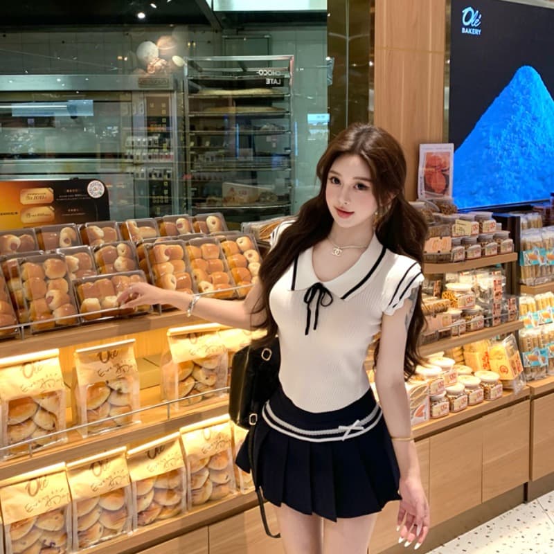 실사 학원 스타일 작은 날다 소매 부드러운 찹쌀 니트 슬림해 보이는 맨위 패치워크 플리츠 반 스커트 이미지 5