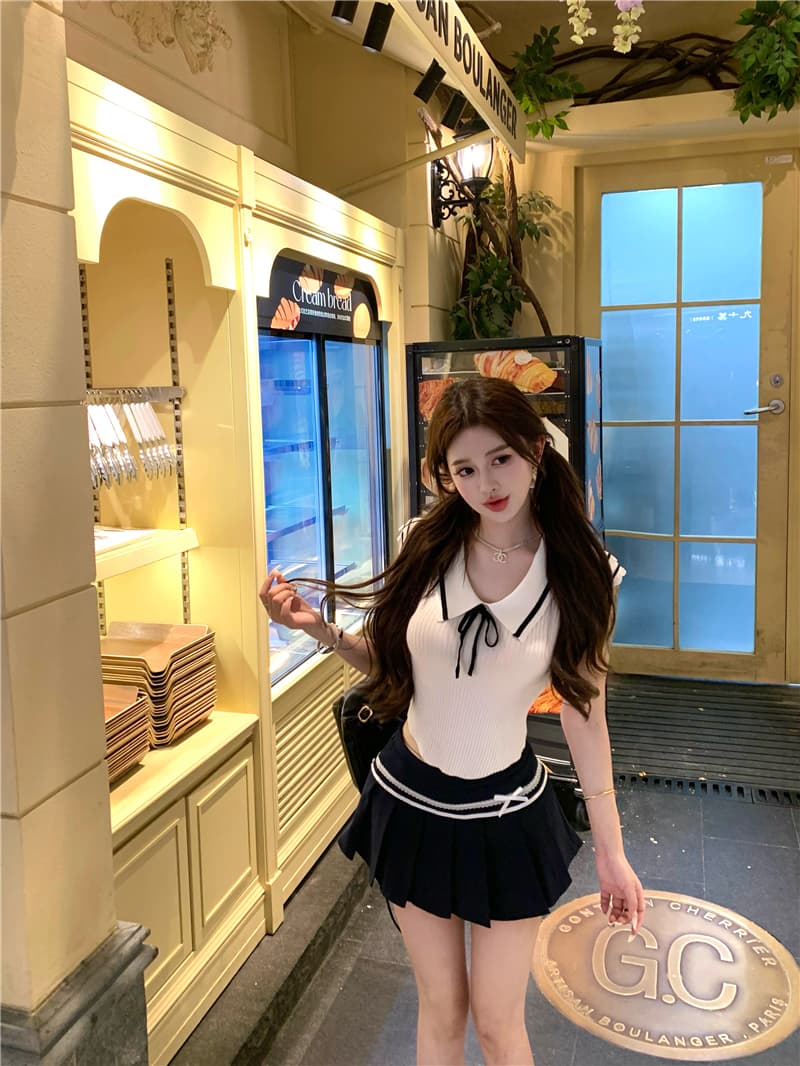 실사 학원 스타일 작은 날다 소매 부드러운 찹쌀 니트 슬림해 보이는 맨위 패치워크 플리츠 반 스커트 상세 이미지 6