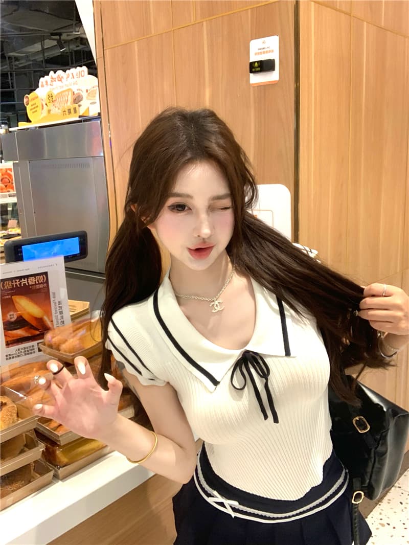 실사 학원 스타일 작은 날다 소매 부드러운 찹쌀 니트 슬림해 보이는 맨위 패치워크 플리츠 반 스커트 상세 이미지 9