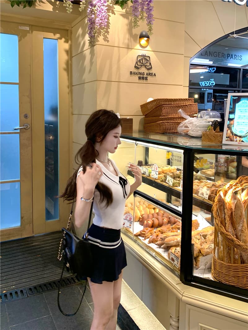 실사 학원 스타일 작은 날다 소매 부드러운 찹쌀 니트 슬림해 보이는 맨위 패치워크 플리츠 반 스커트 상세 이미지 12