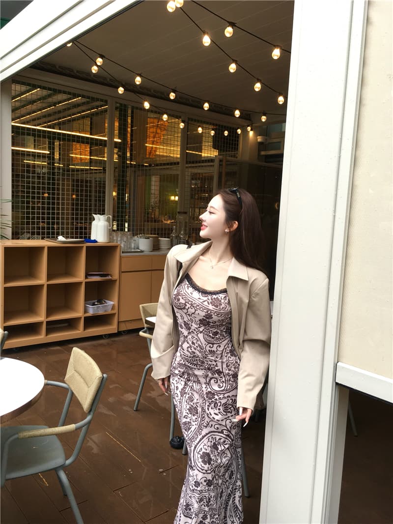 실사 이른 가을 레트로 프린트 레이스 조각 슈퍼 폭탄 망사 타이트 스커트 드레스 카키 지퍼 여성 셔츠 이미지 4