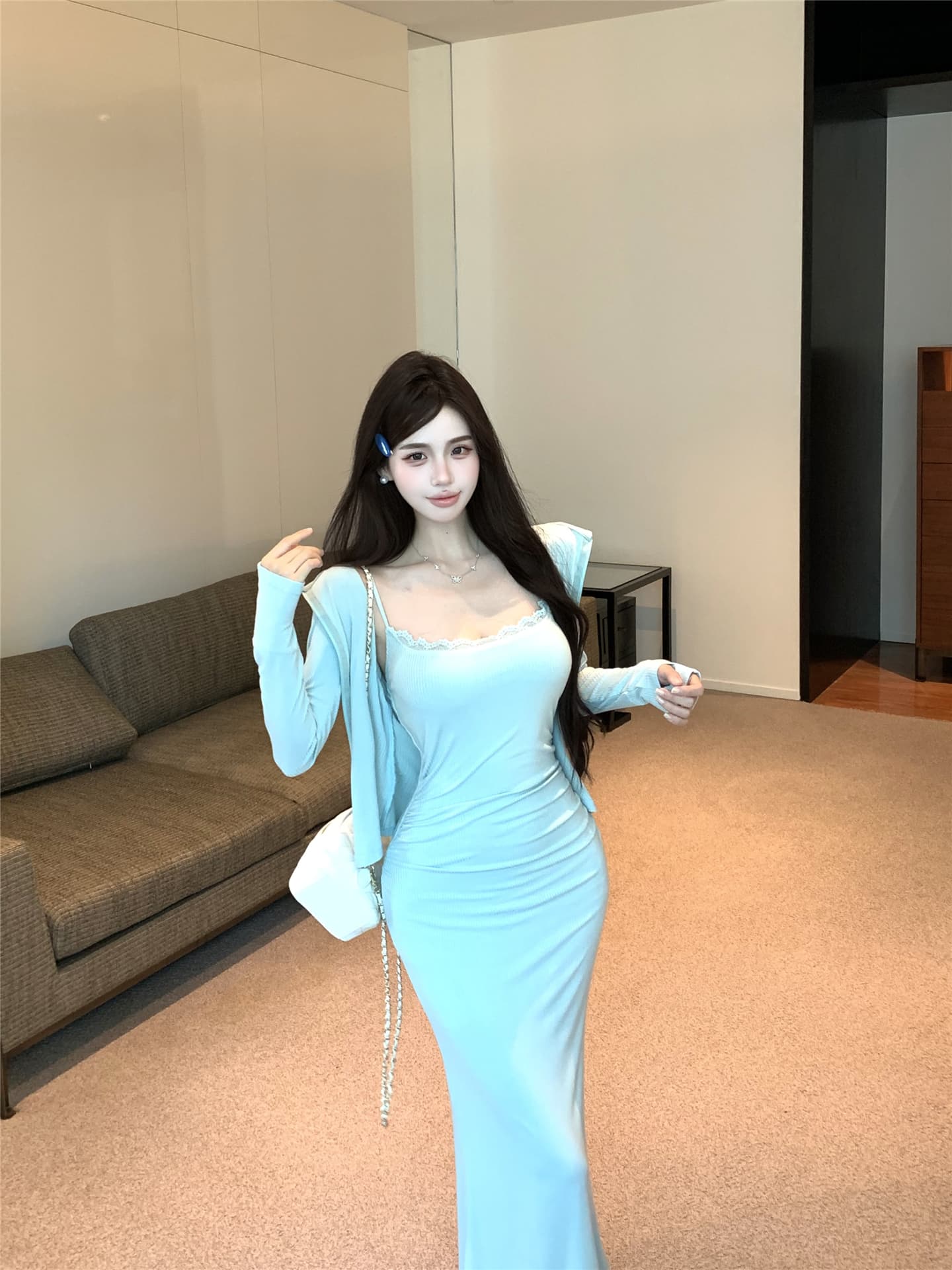 실사 이른 가을 소다 세트 모자 포함 재킷 허리 수축 긴팔 오픈 가디건 슬립 레이스 점프 슈트 롱 스커트 여성 상세 이미지 2