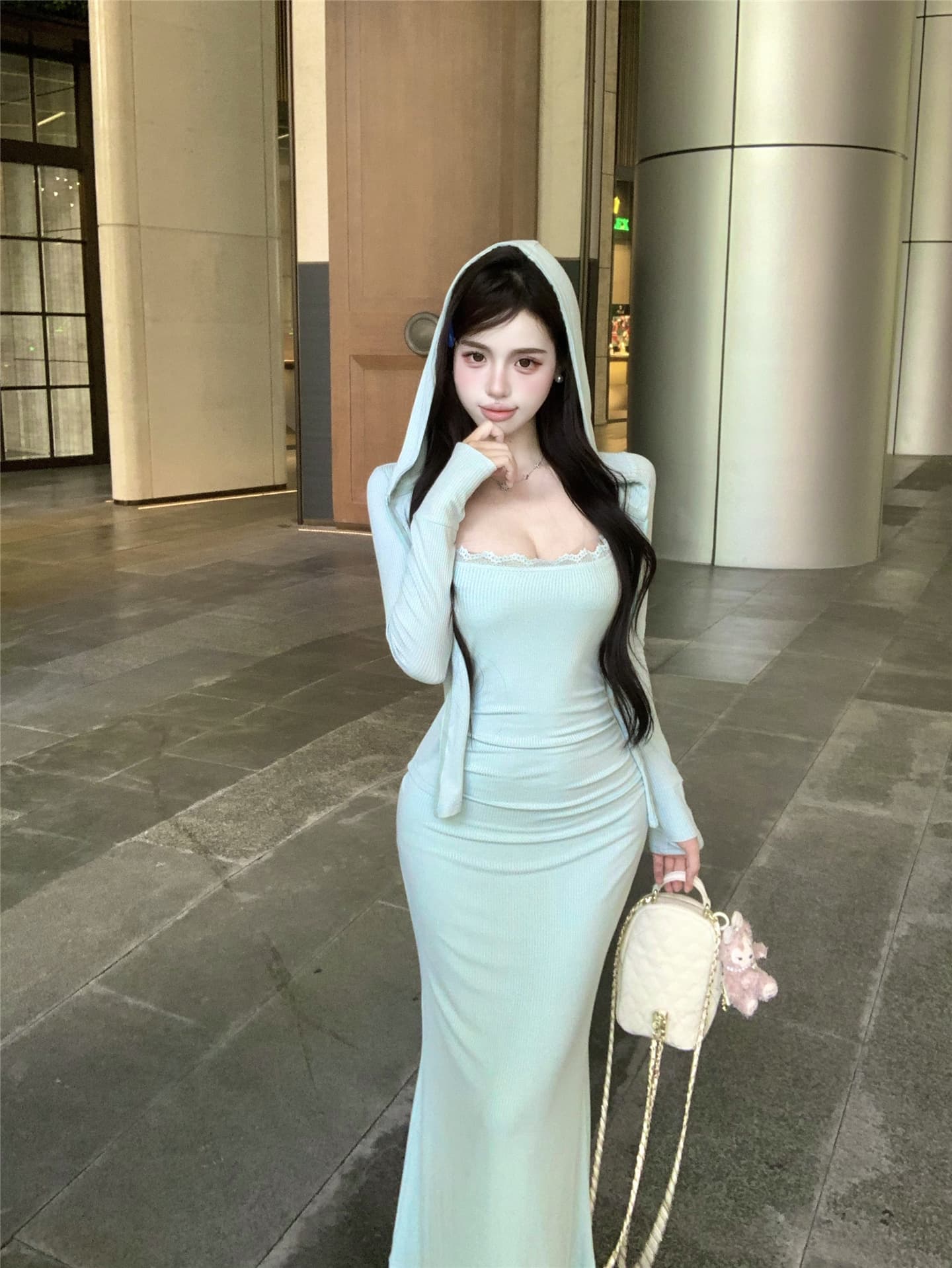 실사 이른 가을 소다 세트 모자 포함 재킷 허리 수축 긴팔 오픈 가디건 슬립 레이스 점프 슈트 롱 스커트 여성 상세 이미지 7