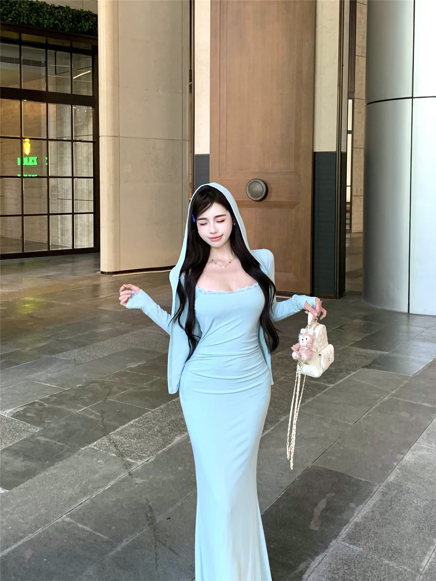 실사 이른 가을 소다 세트 모자 포함 재킷 허리 수축 긴팔 오픈 가디건 슬립 레이스 점프 슈트 롱 스커트 여성 상세 이미지 8