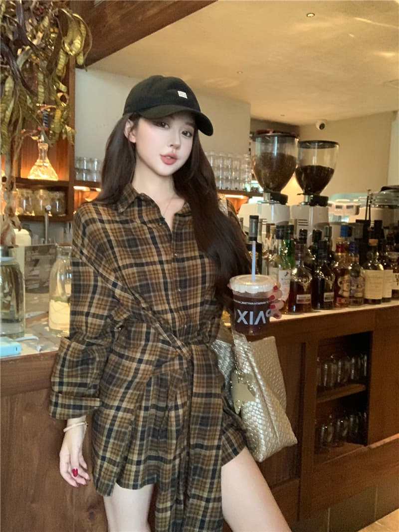 실사 디자인 센스 루즈핏 캐주얼 체크무늬 레이스업 허리 수축 드레스 상세 이미지 6