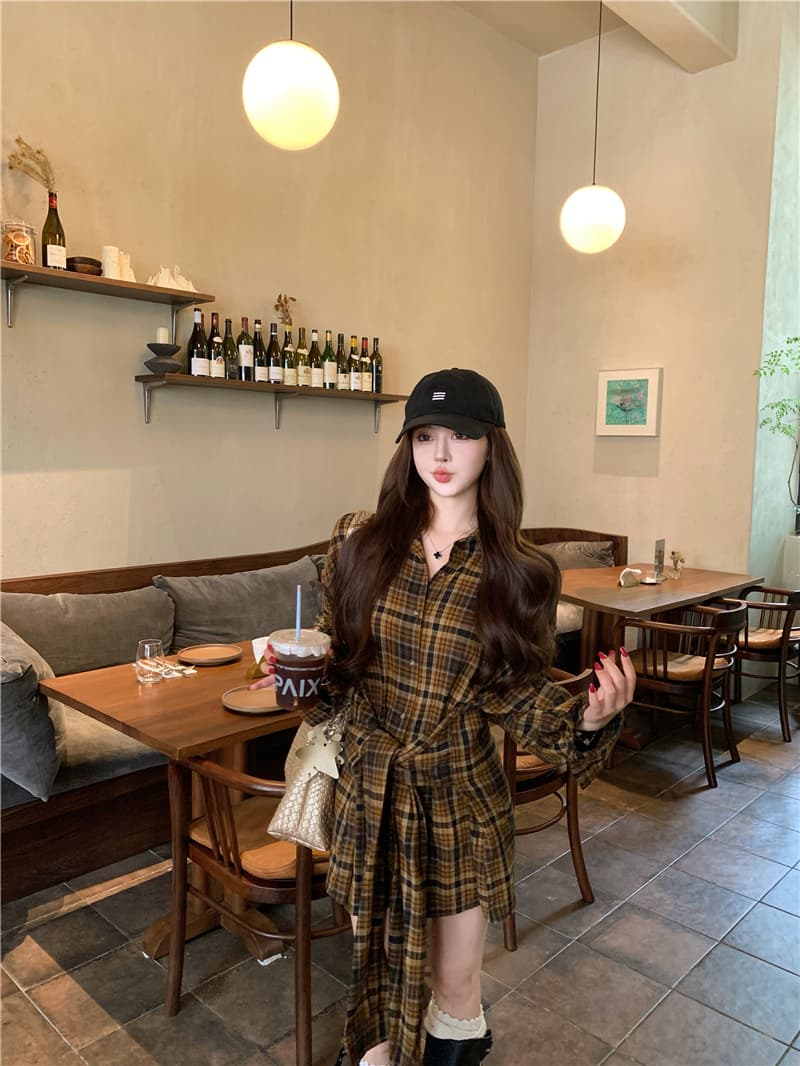 실사 디자인 센스 루즈핏 캐주얼 체크무늬 레이스업 허리 수축 드레스 상세 이미지 7