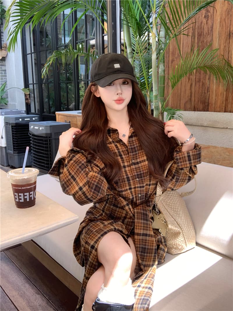 실사 디자인 센스 루즈핏 캐주얼 체크무늬 레이스업 허리 수축 드레스 상세 이미지 9