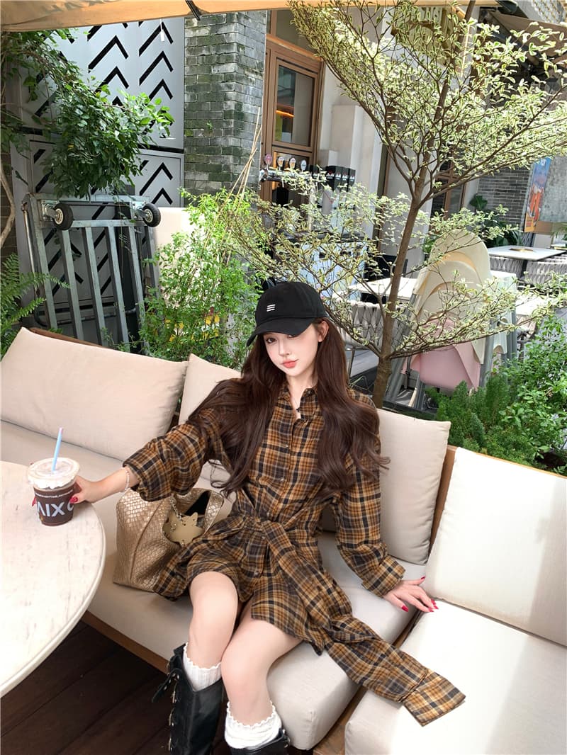 실사 디자인 센스 루즈핏 캐주얼 체크무늬 레이스업 허리 수축 드레스 상세 이미지 11