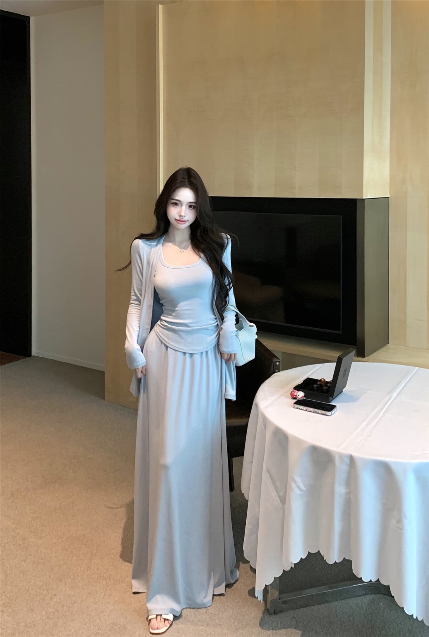 실사 Jiao 블루 세트 출퇴근 품격 오픈 가디건 조끼 반신 스커트 느긋한 세 조각 여성 세트 이미지 3