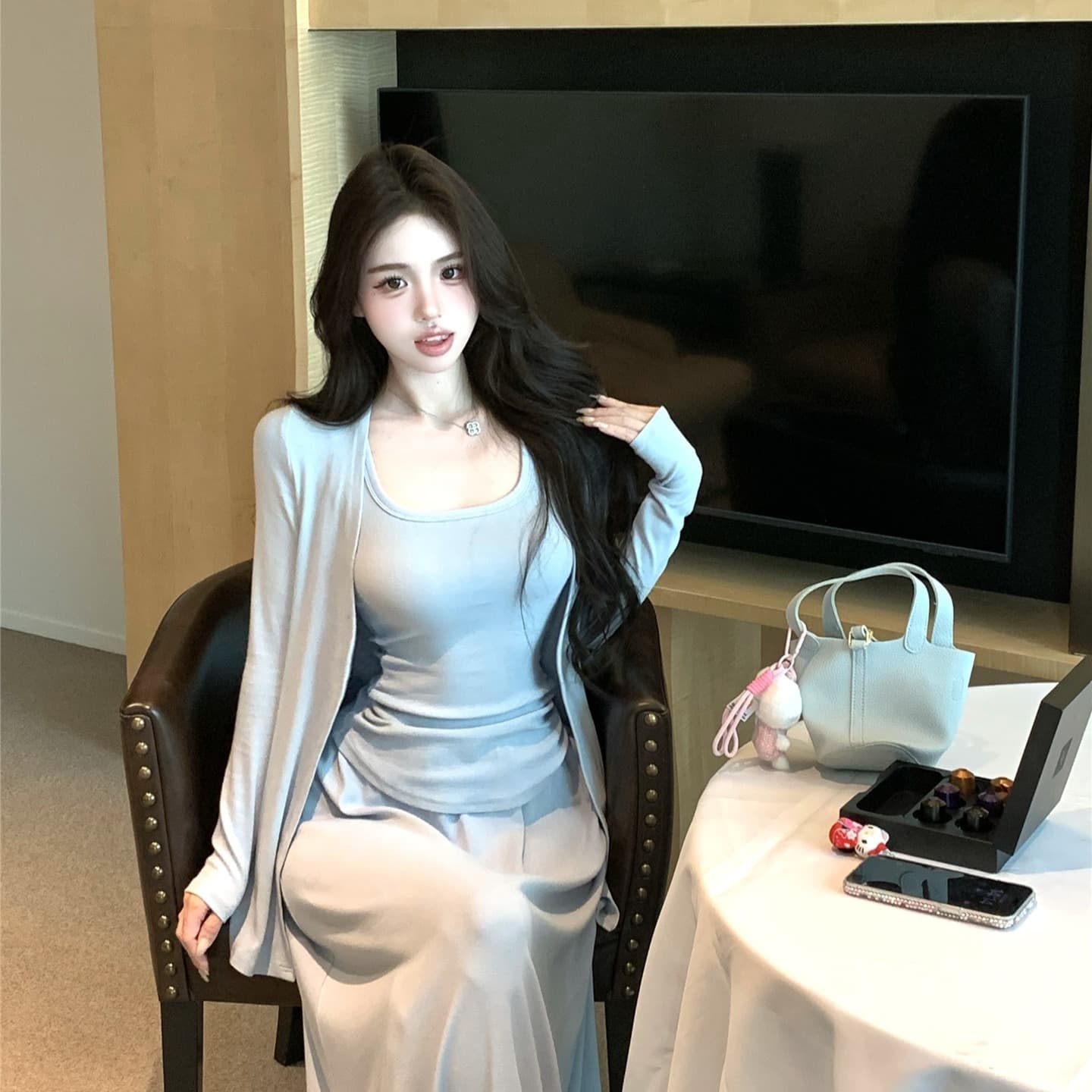 실사 Jiao 블루 세트 출퇴근 품격 오픈 가디건 조끼 반신 스커트 느긋한 세 조각 여성 세트 이미지 5