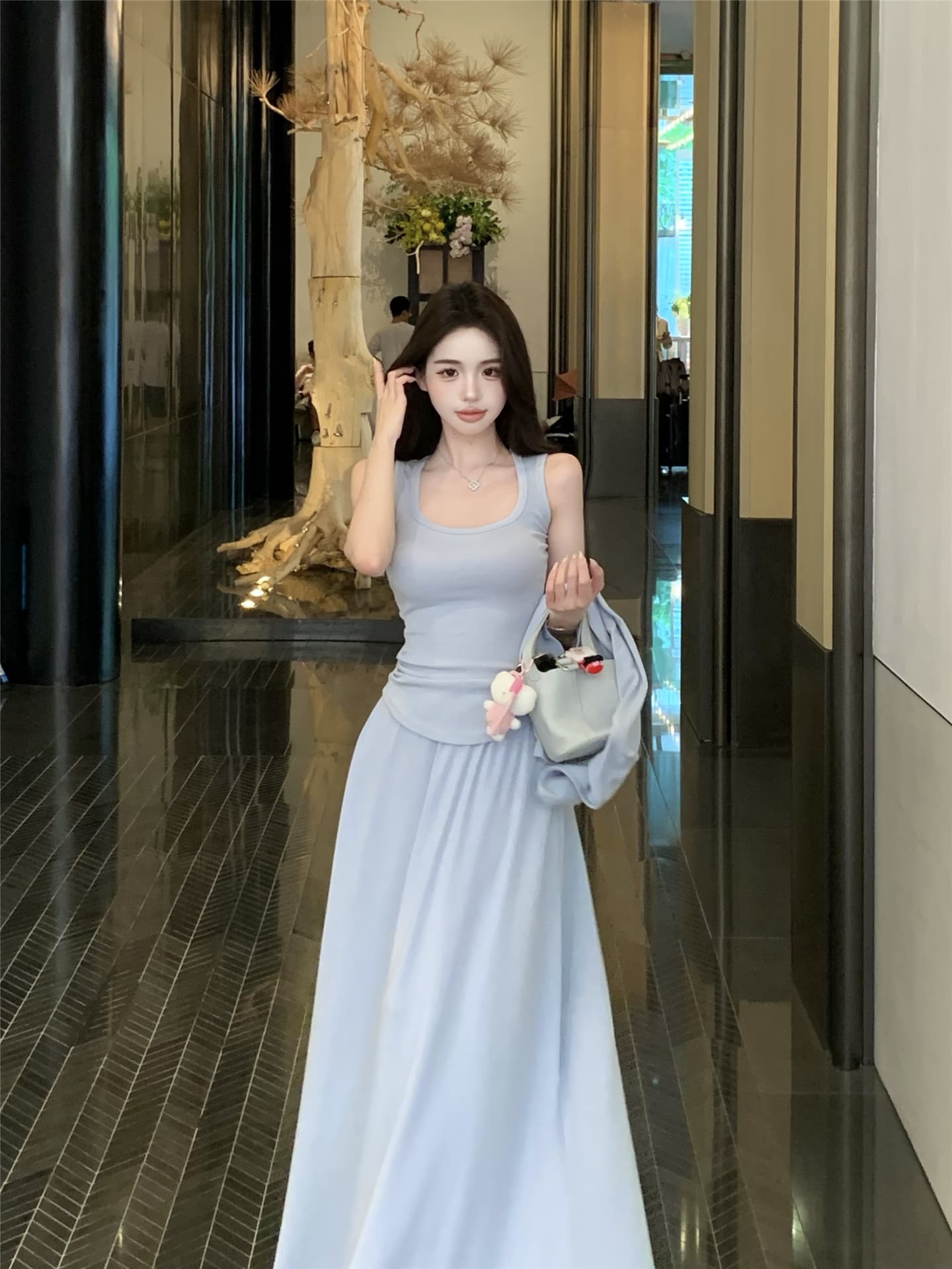 실사 Jiao 블루 세트 출퇴근 품격 오픈 가디건 조끼 반신 스커트 느긋한 세 조각 여성 세트 상세 이미지 2
