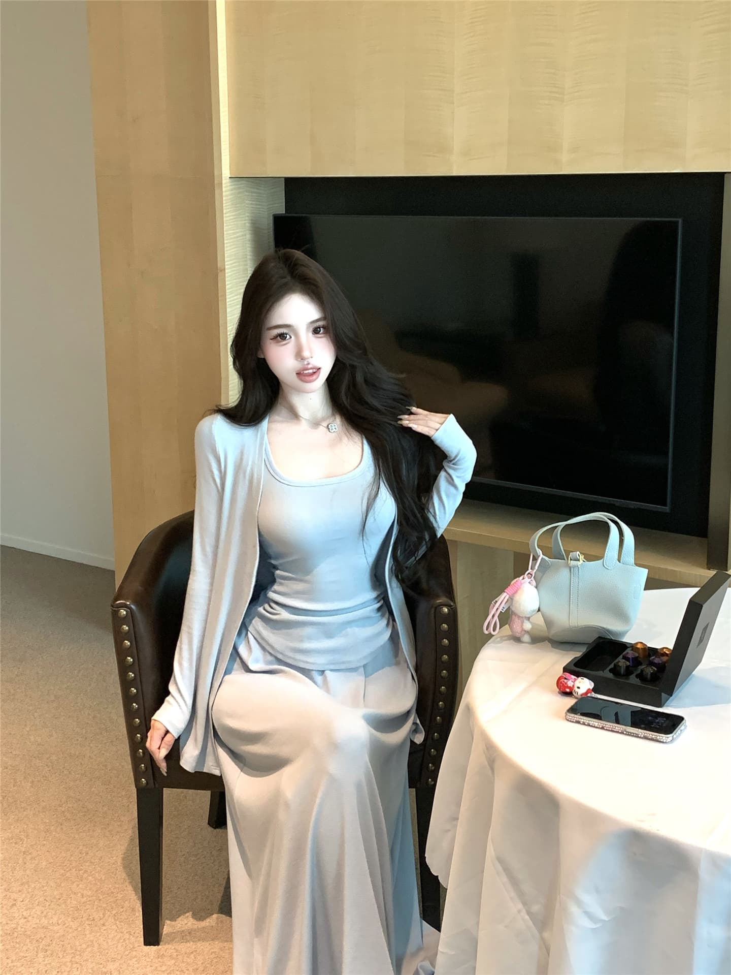 실사 Jiao 블루 세트 출퇴근 품격 오픈 가디건 조끼 반신 스커트 느긋한 세 조각 여성 세트 상세 이미지 3