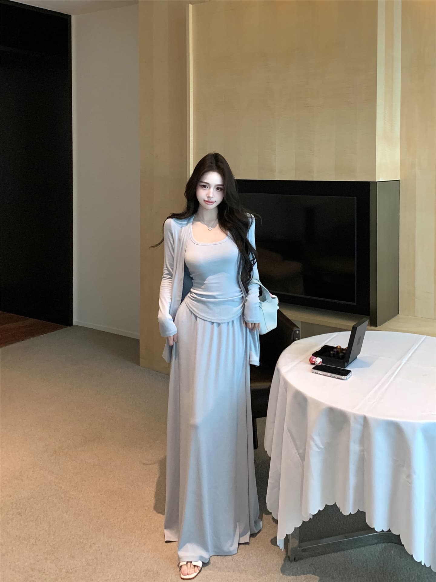 실사 Jiao 블루 세트 출퇴근 품격 오픈 가디건 조끼 반신 스커트 느긋한 세 조각 여성 세트 상세 이미지 8