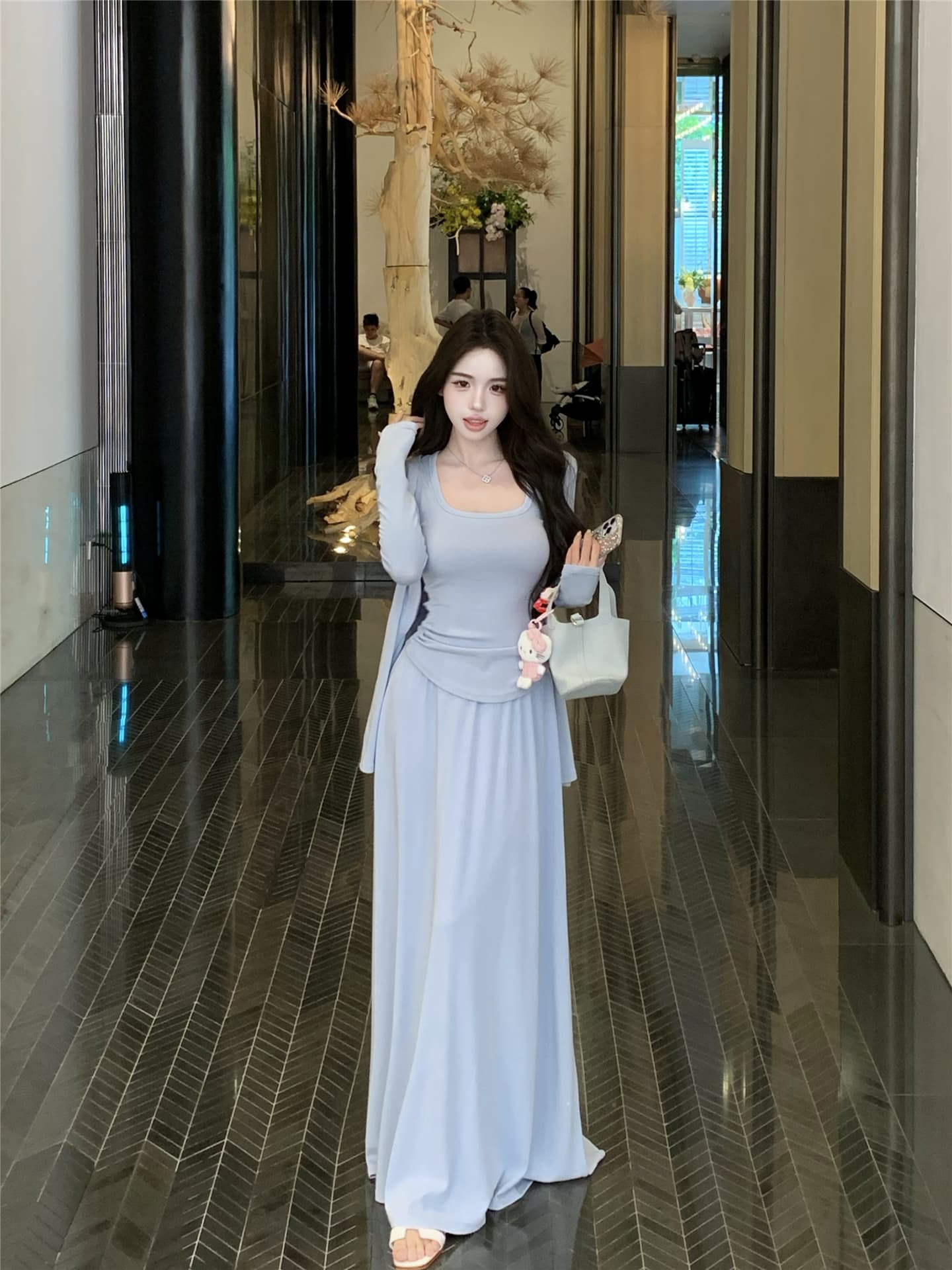 실사 Jiao 블루 세트 출퇴근 품격 오픈 가디건 조끼 반신 스커트 느긋한 세 조각 여성 세트 상세 이미지 9