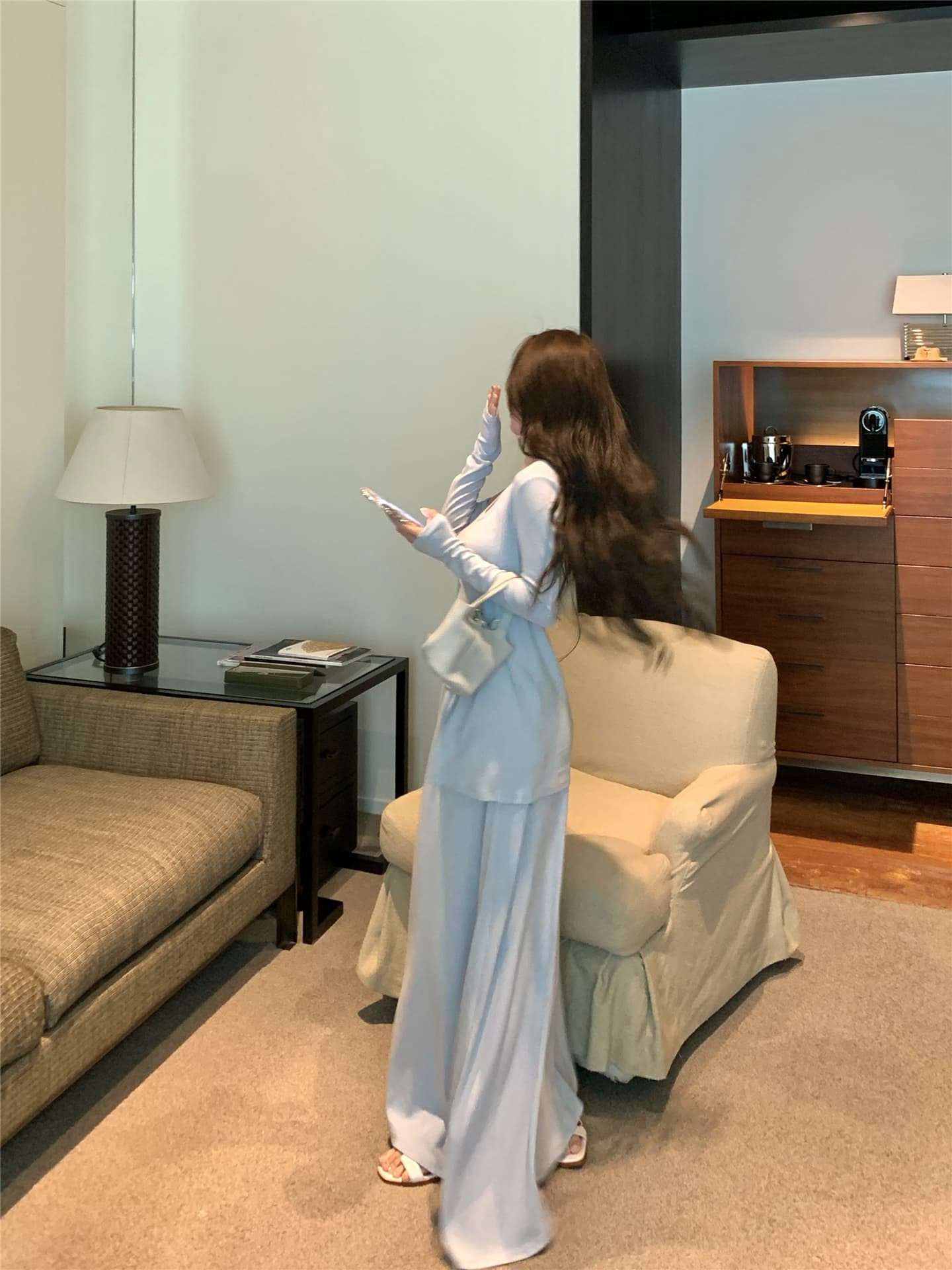 실사 Jiao 블루 세트 출퇴근 품격 오픈 가디건 조끼 반신 스커트 느긋한 세 조각 여성 세트 상세 이미지 13