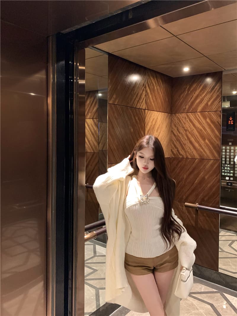 실사 soft 부드러운 우유 푸 다이아몬드 세팅 느긋한 양모 오픈 가디건 다용도 슬림해 보이는 반바지 이미지 2