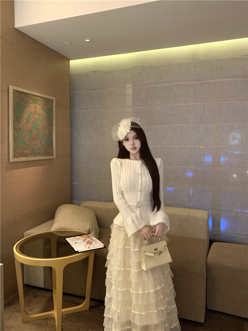 실사 고급 센스 프랑스식 품격 명문 여성 허리 수축 슬림해 보이는 스웨터 망사 케이크 드레스 상세 이미지 5