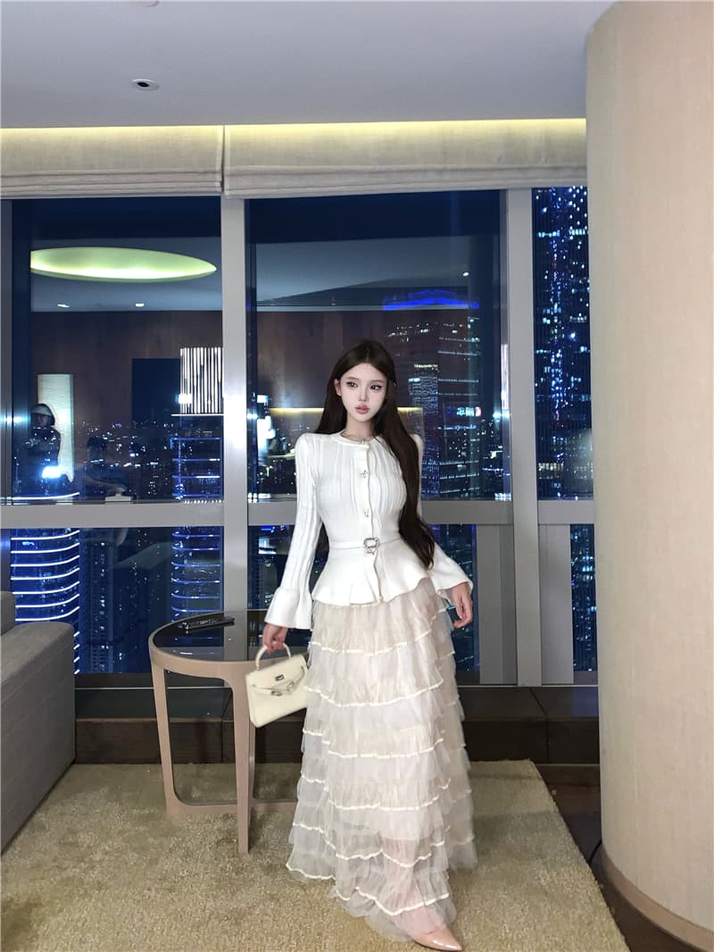 실사 고급 센스 프랑스식 품격 명문 여성 허리 수축 슬림해 보이는 스웨터 망사 케이크 드레스 상세 이미지 14