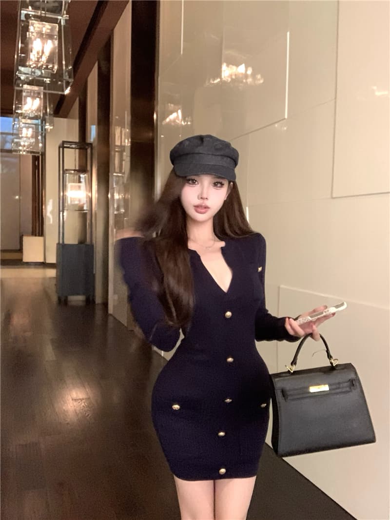 실사 작은 샤넬 스타일 천 골드 센스 몸매 가꾸기 허리 수축 니트 긴 소매 여성 드레스 상세 이미지 10