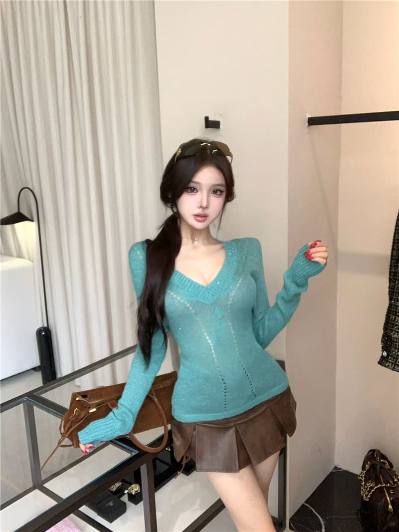 실사 이른 가을 트위스트 꽃 좋은 플래시 핫걸 니트 스웨터 몸매 가꾸기 슬림해 보이는 V넥 기본 셔츠 이미지 2
