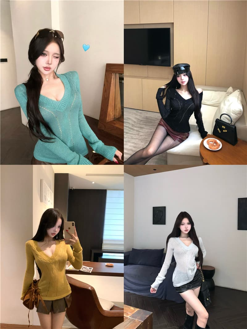 실사 이른 가을 트위스트 꽃 좋은 플래시 핫걸 니트 스웨터 몸매 가꾸기 슬림해 보이는 V넥 기본 셔츠 상세 이미지 1