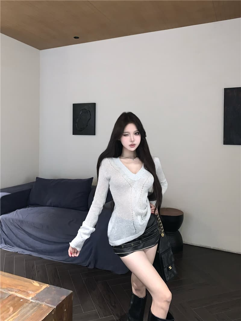 실사 이른 가을 트위스트 꽃 좋은 플래시 핫걸 니트 스웨터 몸매 가꾸기 슬림해 보이는 V넥 기본 셔츠 상세 이미지 16