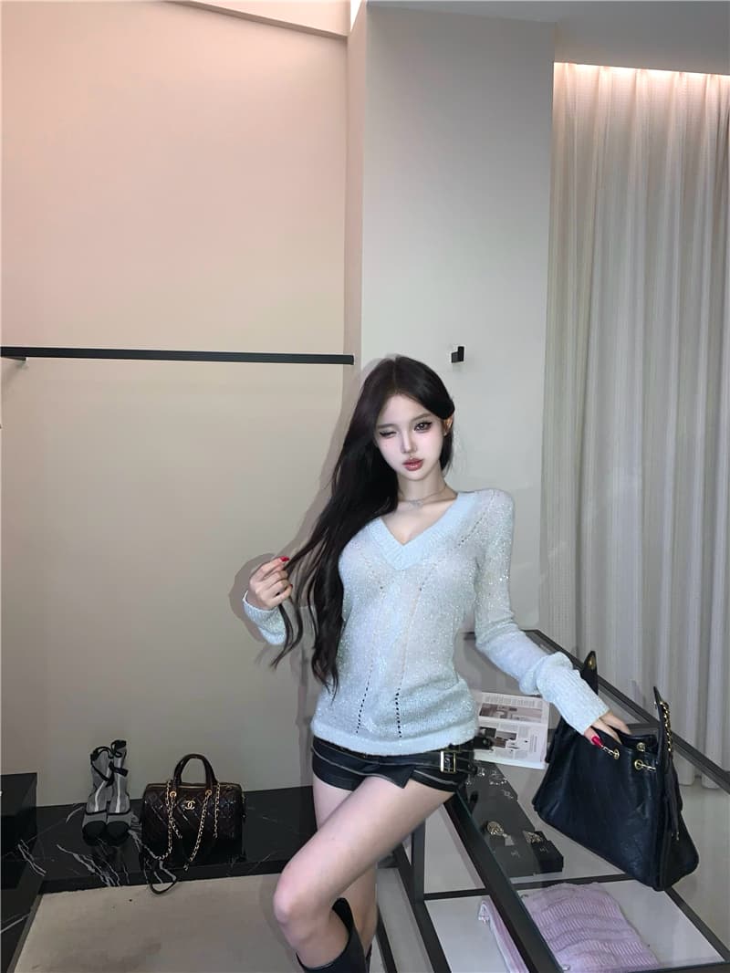 실사 이른 가을 트위스트 꽃 좋은 플래시 핫걸 니트 스웨터 몸매 가꾸기 슬림해 보이는 V넥 기본 셔츠 상세 이미지 17