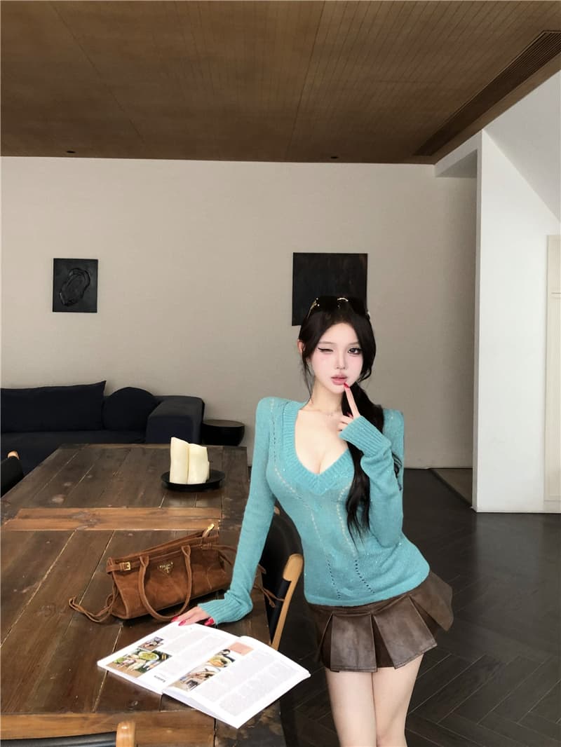 실사 이른 가을 트위스트 꽃 좋은 플래시 핫걸 니트 스웨터 몸매 가꾸기 슬림해 보이는 V넥 기본 셔츠 상세 이미지 22