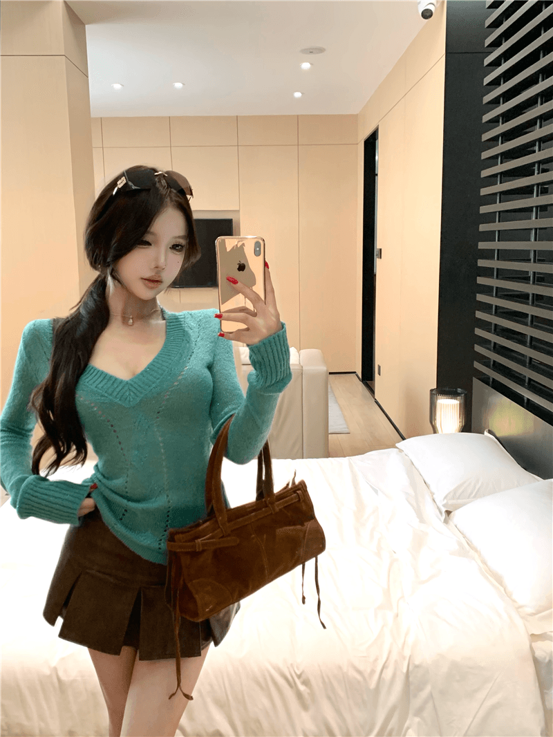 실사 이른 가을 트위스트 꽃 좋은 플래시 핫걸 니트 스웨터 몸매 가꾸기 슬림해 보이는 V넥 기본 셔츠 상세 이미지 29