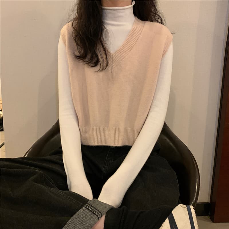 실사 한 부서 V넥 민소매 쇼트 스타일 V넥 니트 베스트 상세 이미지 33