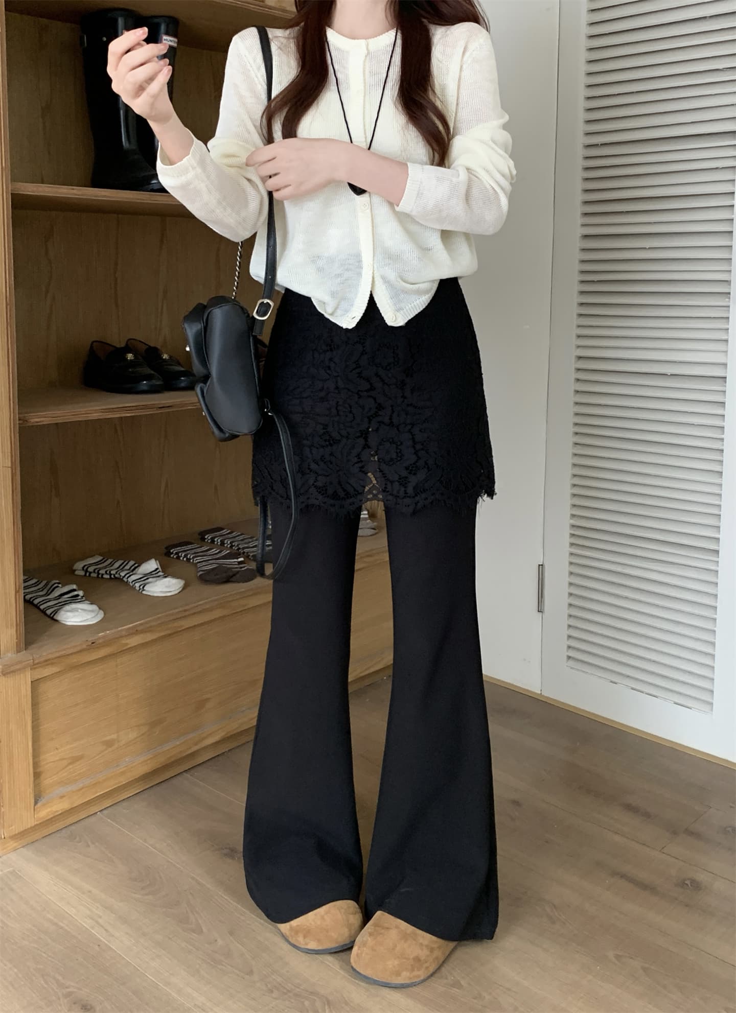 실사 검정색 페이크 레이어드 레이스 랩스커트팬츠 부츠컷 캐주얼 바지 여성 하이웨이스트 몸매 가꾸기 슬림해 보이는 넓은 다리 길이 바지 상세 이미지 7