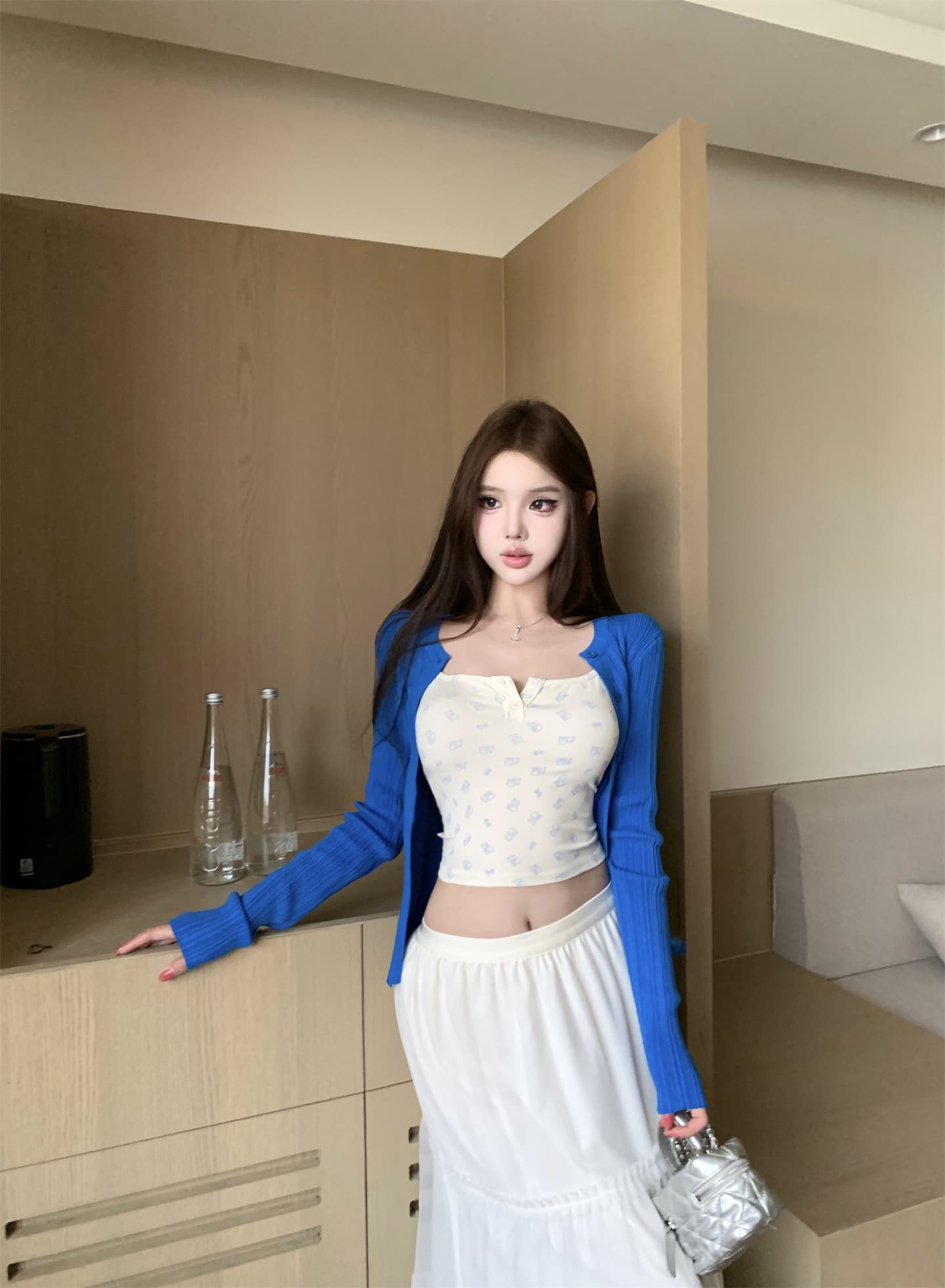 실사 얇고 가벼운 부드럽다 단추 루즈핏 감기 태양 보호 셔츠 꽃무늬 작은 슬링 망사 반신 스커트 여성 상세 이미지 5