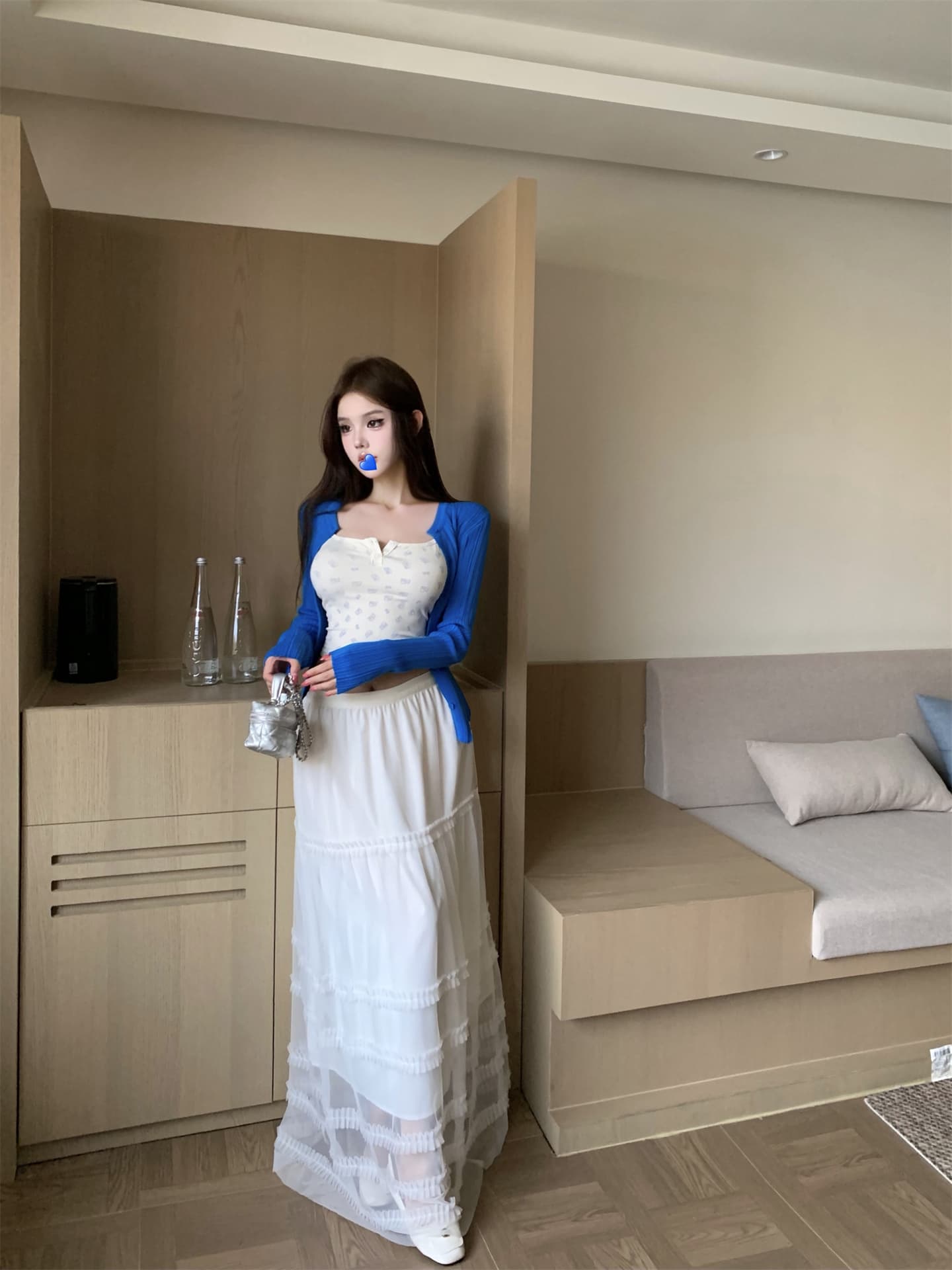 실사 얇고 가벼운 부드럽다 단추 루즈핏 감기 태양 보호 셔츠 꽃무늬 작은 슬링 망사 반신 스커트 여성 상세 이미지 15