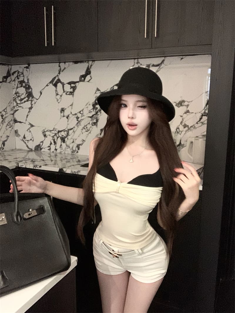실사 아름다움 거리 자유 몸매 가꾸기 순수한 욕망 섹시함 V넥 페이크 레이어드 캐미솔 타이트 워프 엉덩이 반바지 상세 이미지 11