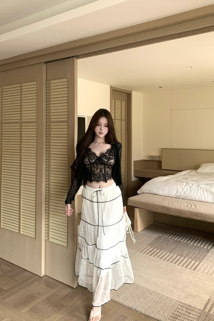 실사 검정색 섹시함 레이스 슬립 패션 디자인 레이스 반신 스커트 자외선 차단 세트 이미지 5
