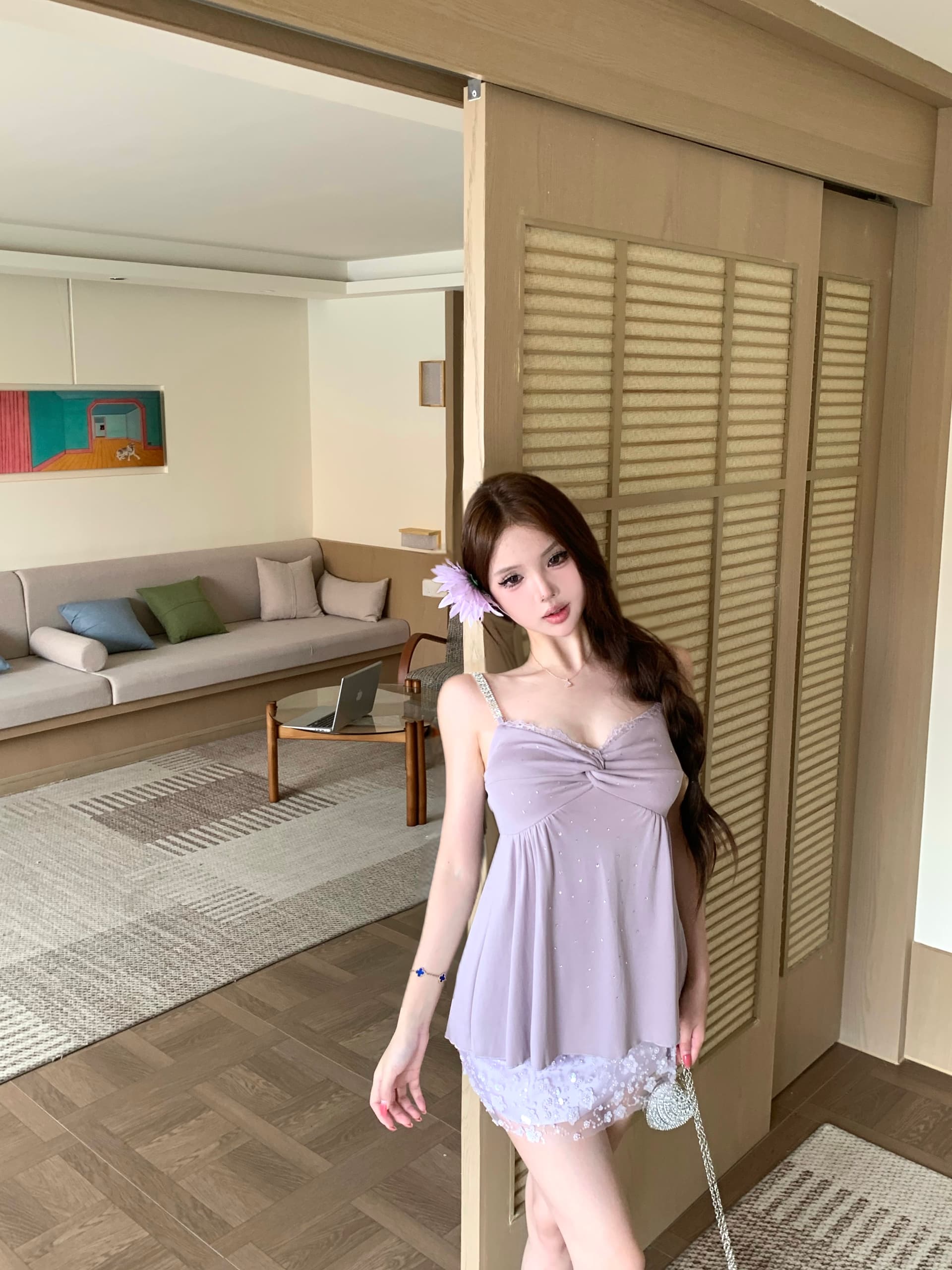 실사 순수한 욕망 바람 보라색 비틀림 핫픽스 조끼 슬립 슬림해 보이는 무거운 작업 프랑스식 꽃 비즈 박기 미니 스커트