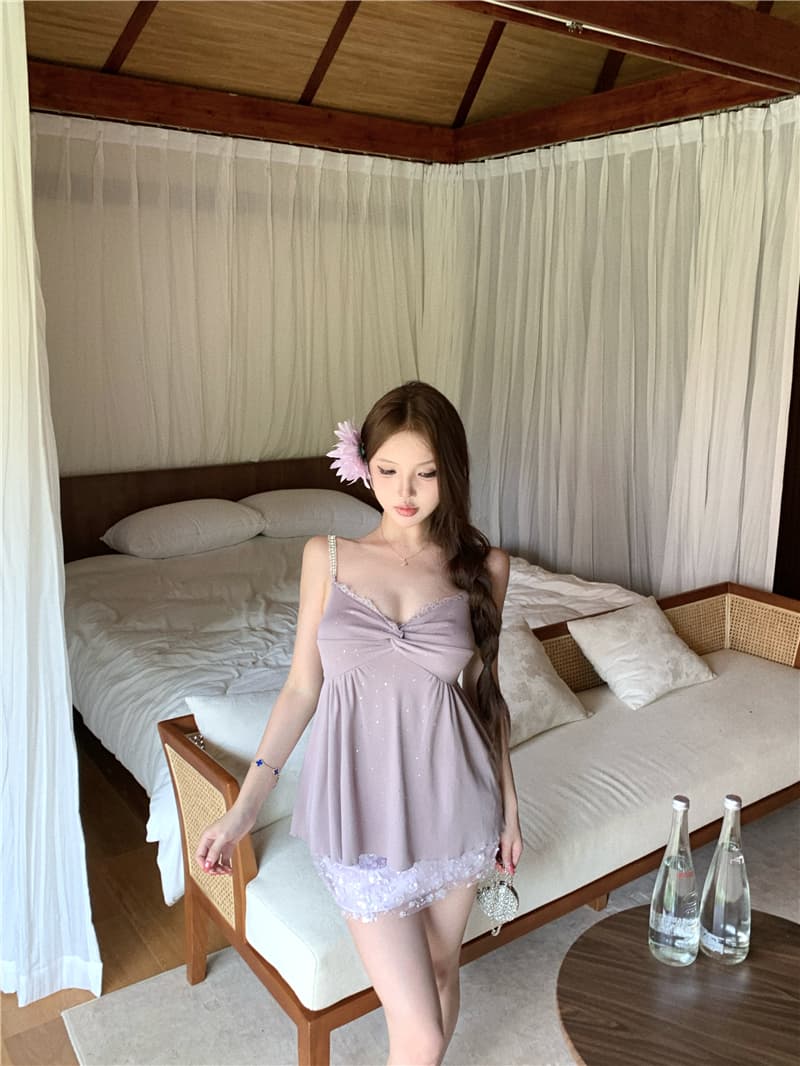 실사 순수한 욕망 바람 보라색 비틀림 핫픽스 조끼 슬립 슬림해 보이는 무거운 작업 프랑스식 꽃 비즈 박기 미니 스커트 상세 이미지 3
