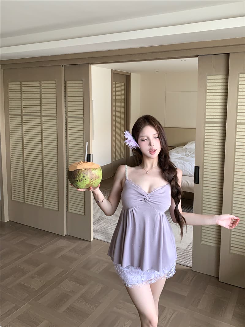 실사 순수한 욕망 바람 보라색 비틀림 핫픽스 조끼 슬립 슬림해 보이는 무거운 작업 프랑스식 꽃 비즈 박기 미니 스커트 상세 이미지 5