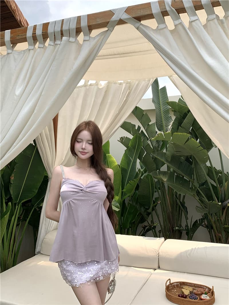 실사 순수한 욕망 바람 보라색 비틀림 핫픽스 조끼 슬립 슬림해 보이는 무거운 작업 프랑스식 꽃 비즈 박기 미니 스커트 상세 이미지 8