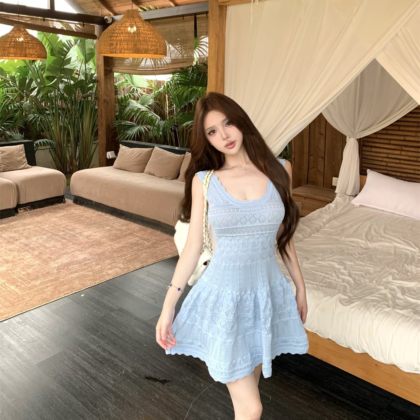 실사 차가운 아름다움 분위기 센스 캐치 부서 바다 소금 블루 디스플레이 화이트 허리 수축 여성 드레스 이미지 5