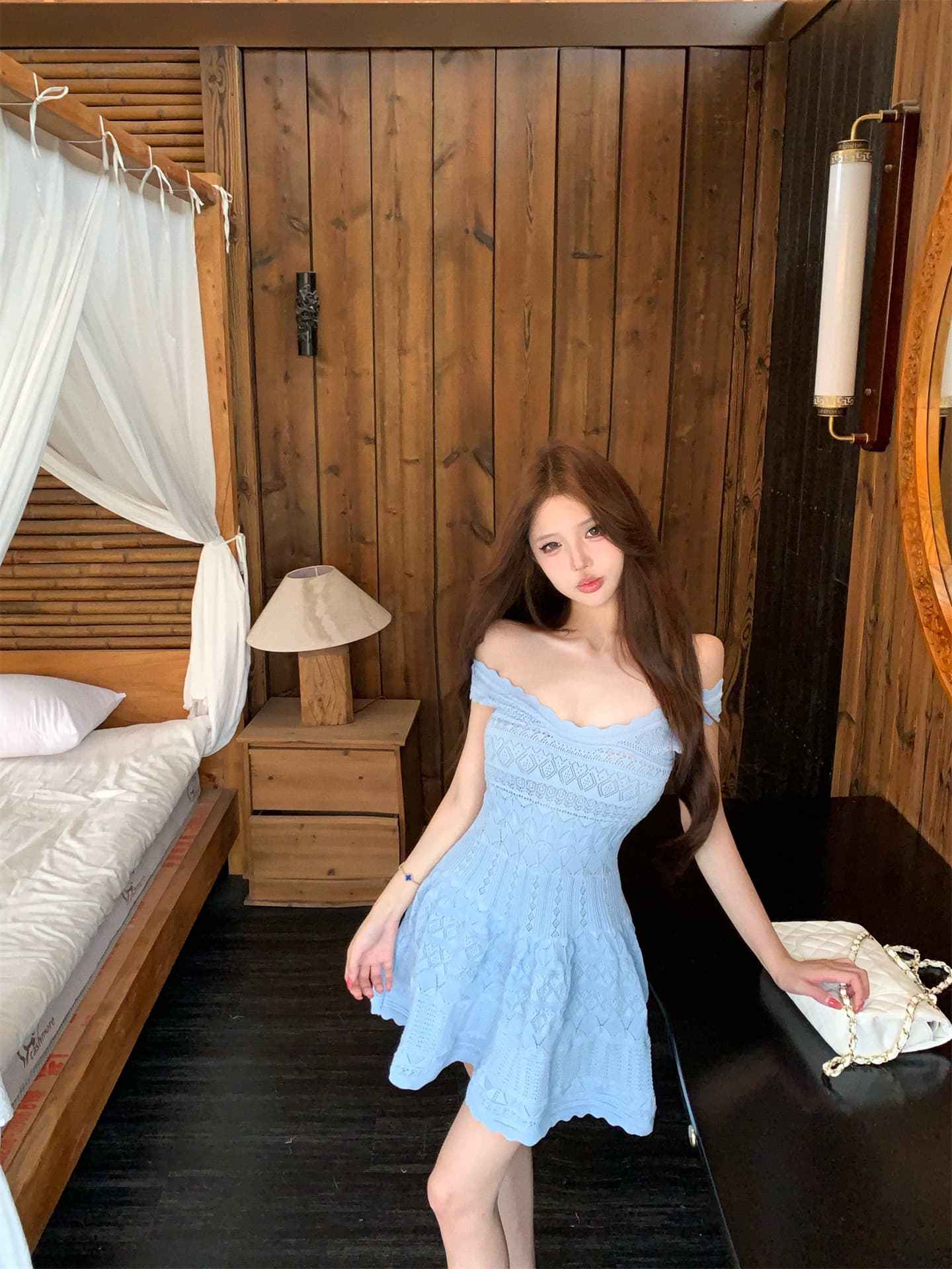 실사 차가운 아름다움 분위기 센스 캐치 부서 바다 소금 블루 디스플레이 화이트 허리 수축 여성 드레스 상세 이미지 5