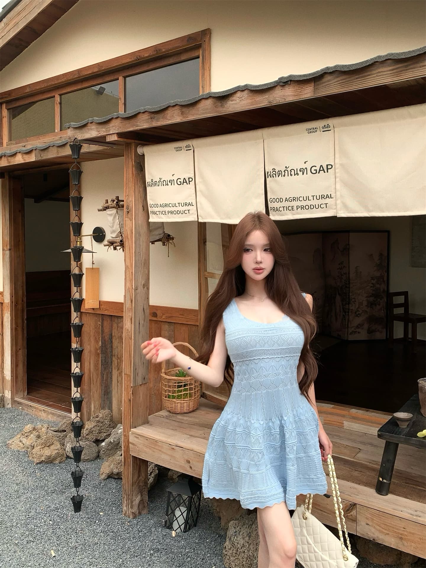 실사 차가운 아름다움 분위기 센스 캐치 부서 바다 소금 블루 디스플레이 화이트 허리 수축 여성 드레스 상세 이미지 8