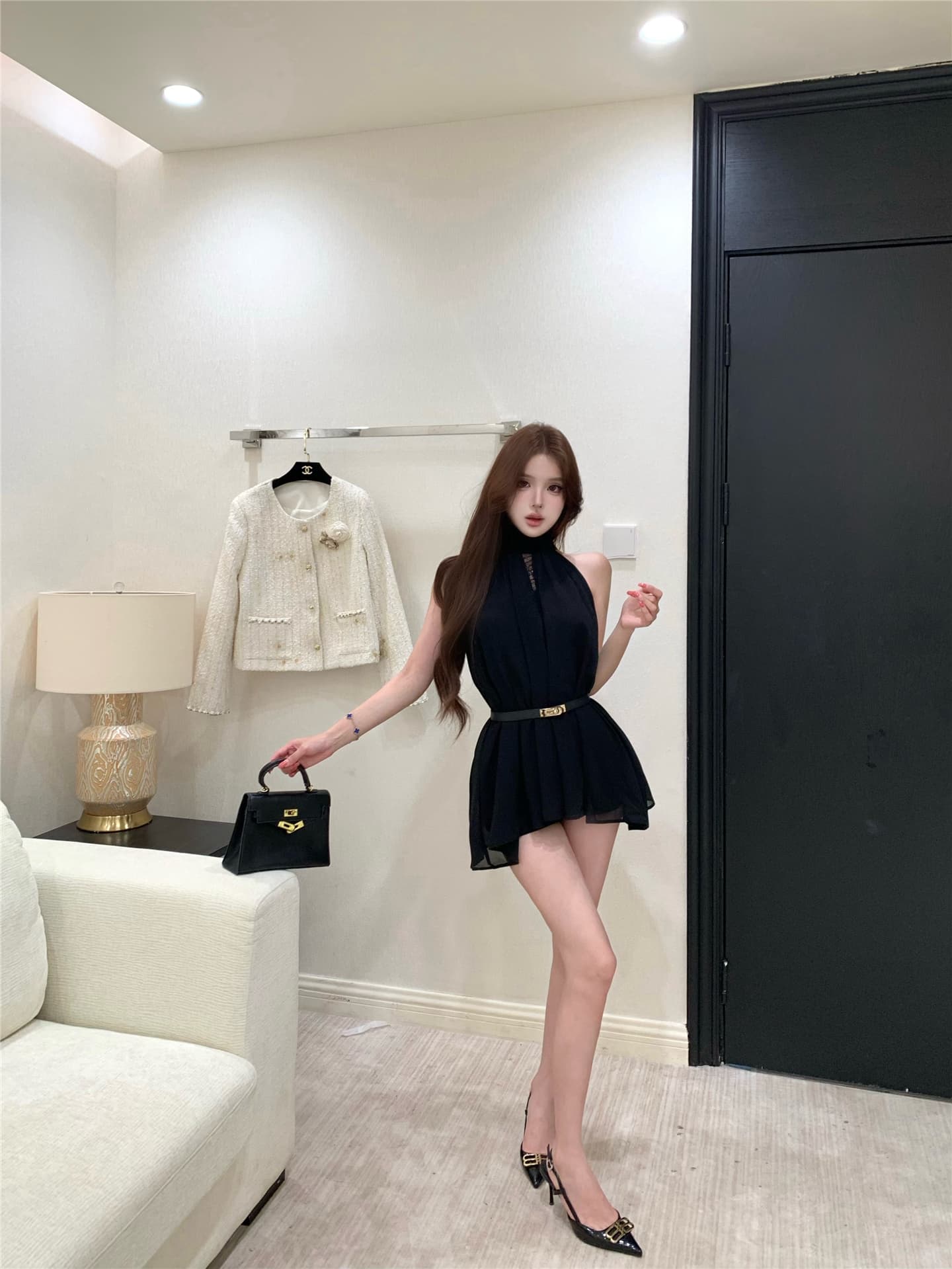 실사 여신 행침 목 리본 섹시함 다용도 쉬폰 톱 반바지 세트 벨트 포함 이미지 4