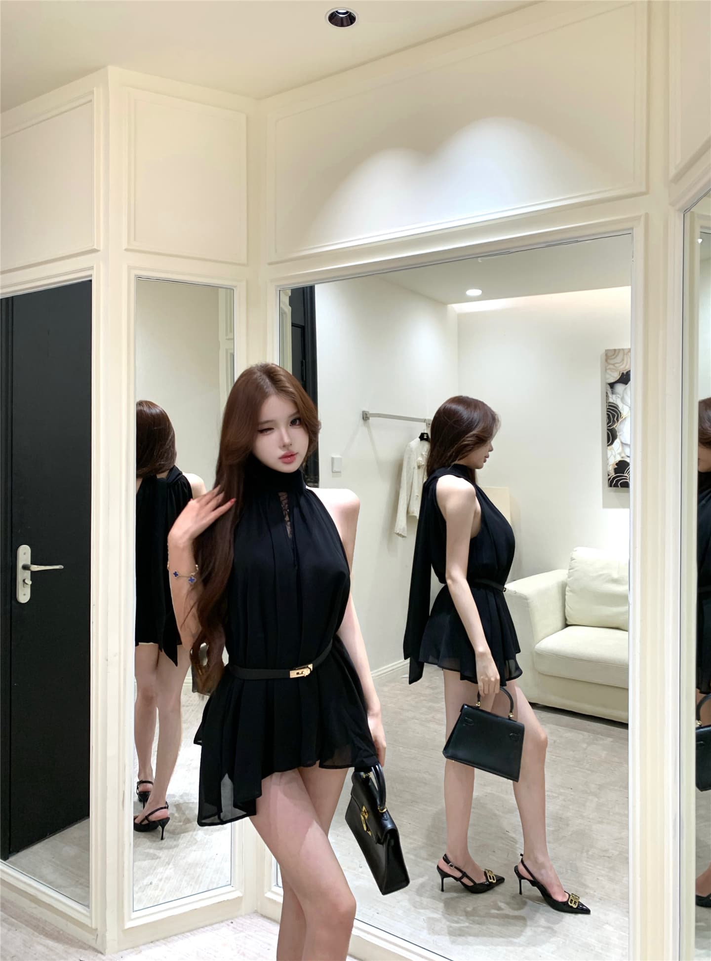실사 여신 행침 목 리본 섹시함 다용도 쉬폰 톱 반바지 세트 벨트 포함 상세 이미지 12